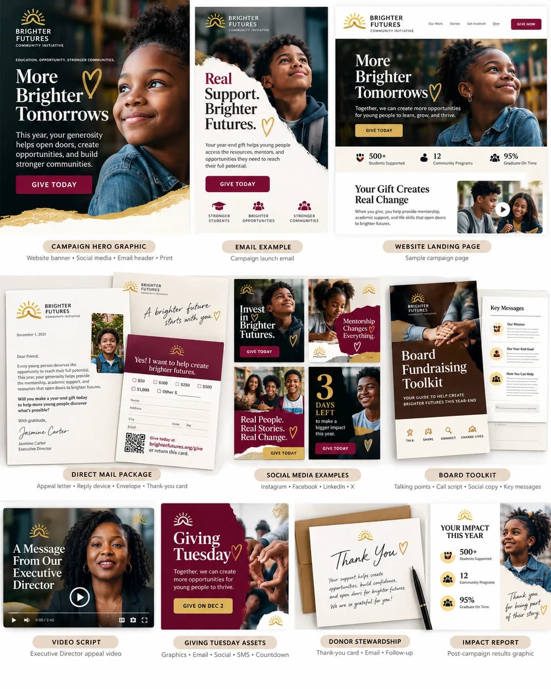 A collage of one nonprofit's finished campaign: emails, social graphics, a printed appeal letter, board materials and donor thank-you cards.